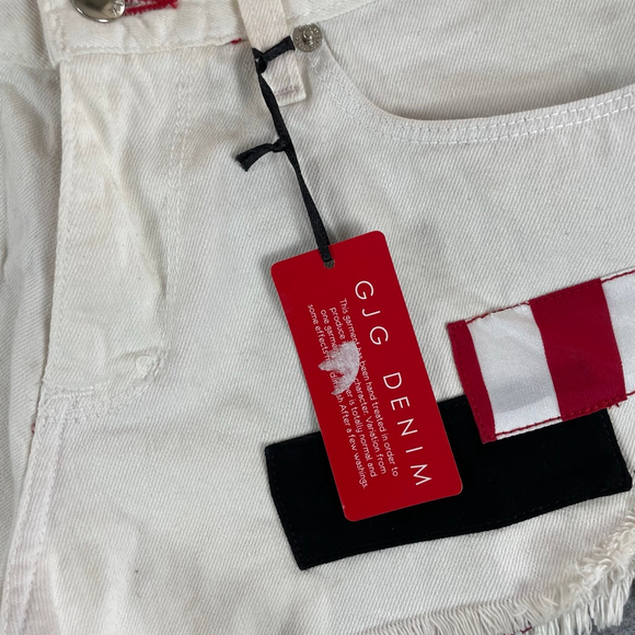 USA Flag Patch Denim Cutoff Shorts Womens L Selvedge Festival Y2K - Picture 3 of 12